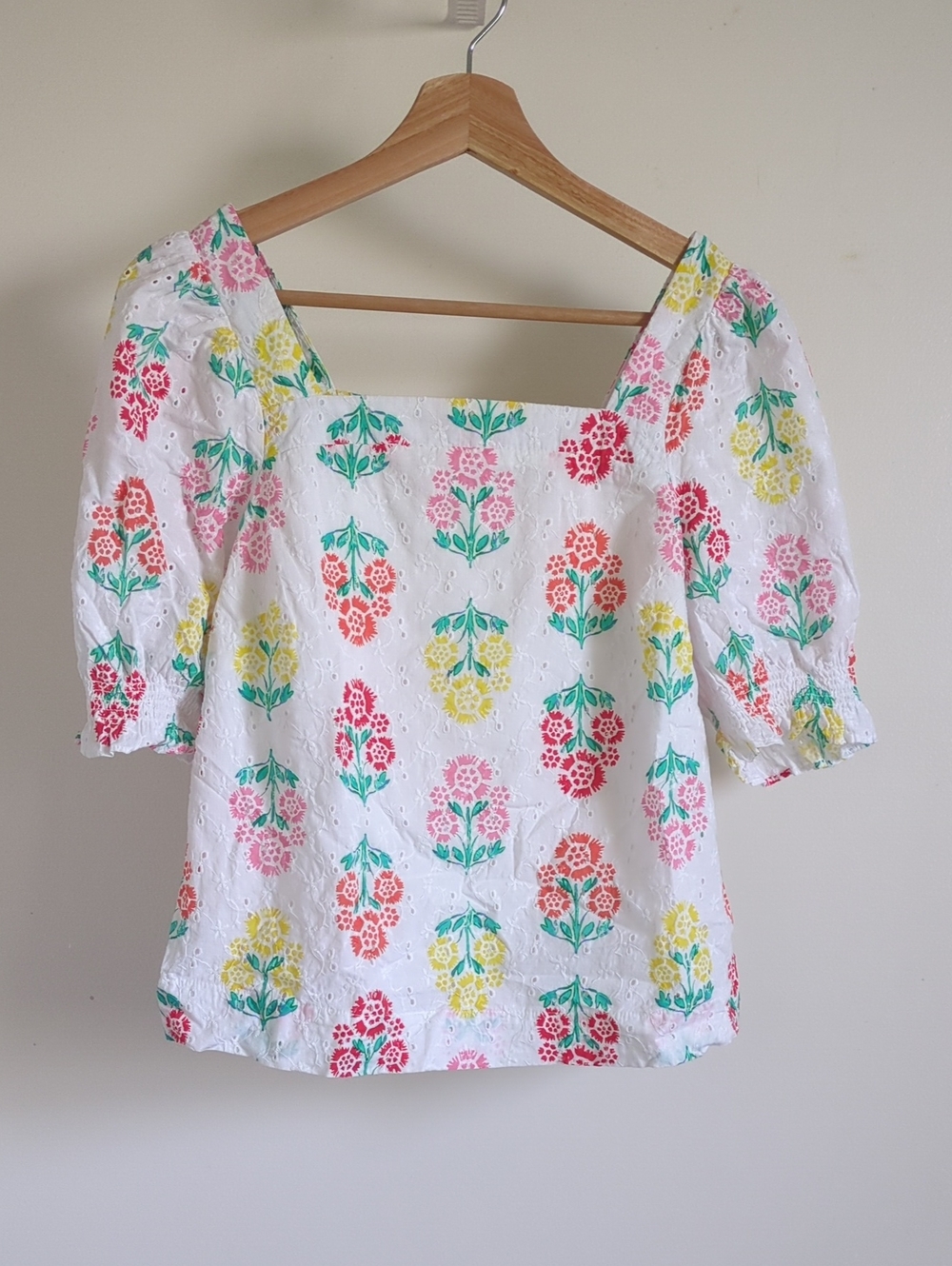 Women's Draper JamesSquare Neck Eyelet Top in White with Multicolor Floral Print